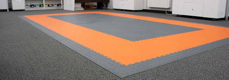 Grey, Orange Cointop and Diamond Plate Office Floor Tiles